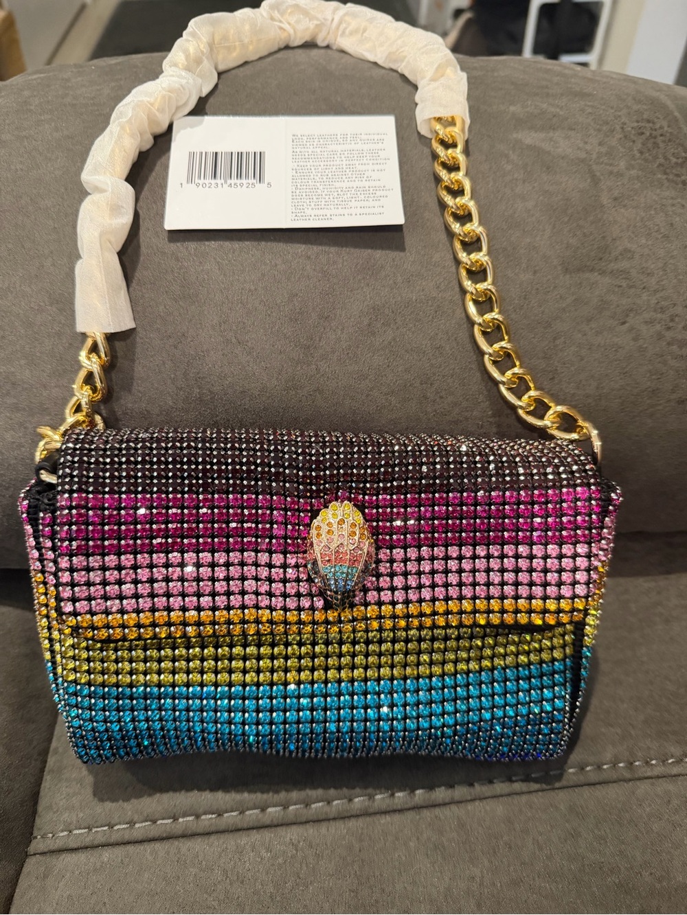 New Kurt Geiger Crystal-Embellished Multicolor Shoulder Bag with Gold Chain - Picture 4 of 6